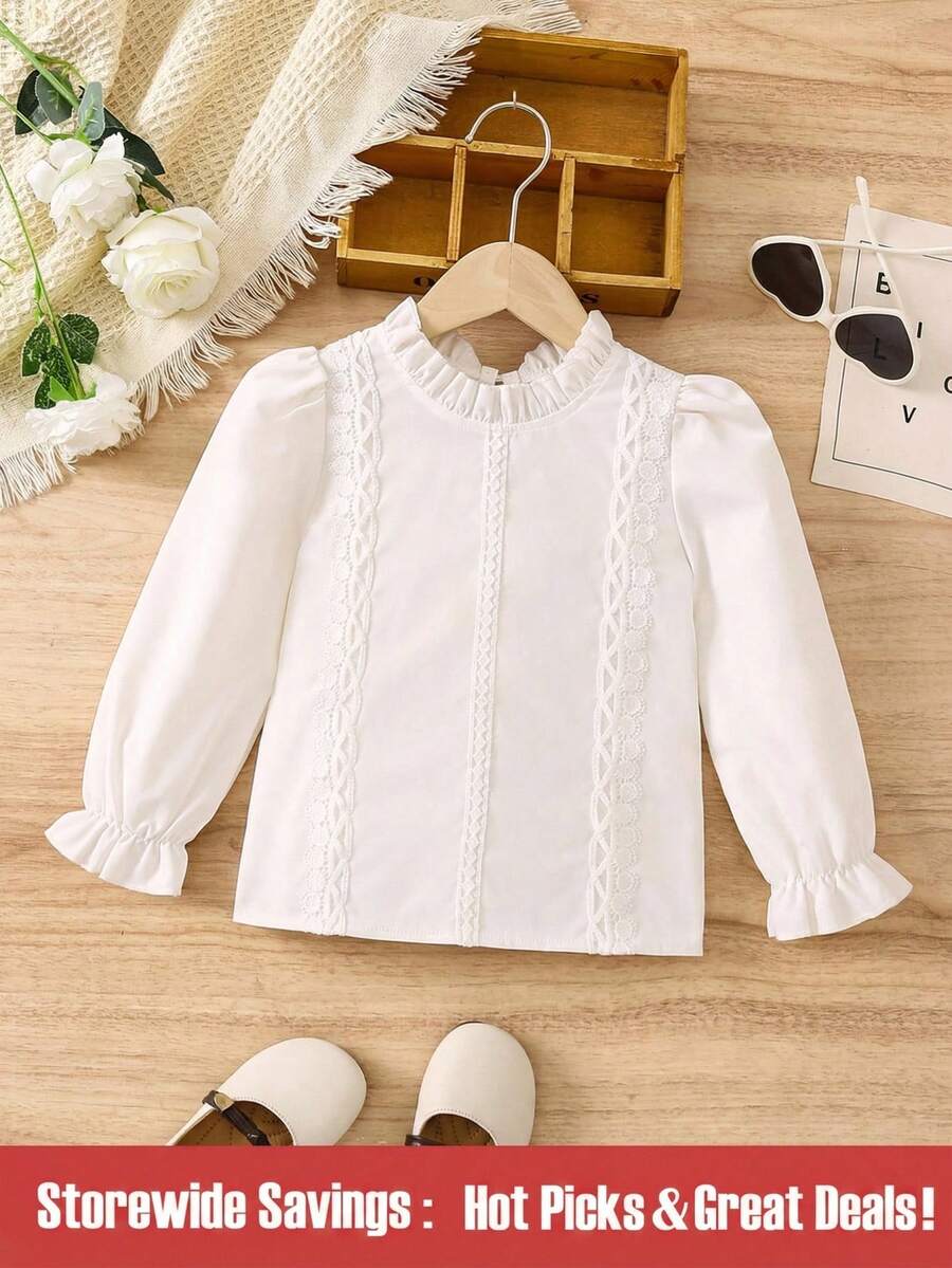 SHEIN Áo kiểu cổ cao tay bồng phối ren Guipure cho bé gái, thích hợp cho kỳ nghỉ, mùa hè, du lịch. - trắng - Xem 1