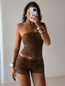 Aloruh Women's Retro Low-Waist Distressed PU Mini Shorts - Brown - View 7