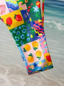 Swim Mod 2pcs/Set Women Summer Beach Vacation-Style Fruit Print Bikini Swimwear Set,Halter-Neck Bikini Top With Triangle Cups And Pleated Swim Trunks - Multicolor - View 5