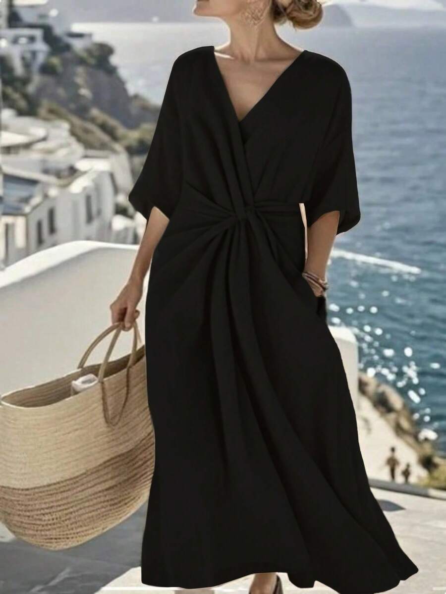 Breezaya Đầm maxi cổ chữ V tay ngắn, eo chun, thắt nút xoắn, thích hợp cho mùa xuân, hè, thu và đông, phù hợp cho đi làm, mặc hàng ngày, thanh lịch, dự tiệc, đi biển, lãng mạn, ngày Valentine, lễ tốt nghiệp, thời trang, thường ngày, công sở, văn phòng, đa năng. - màu đen - Xem 1