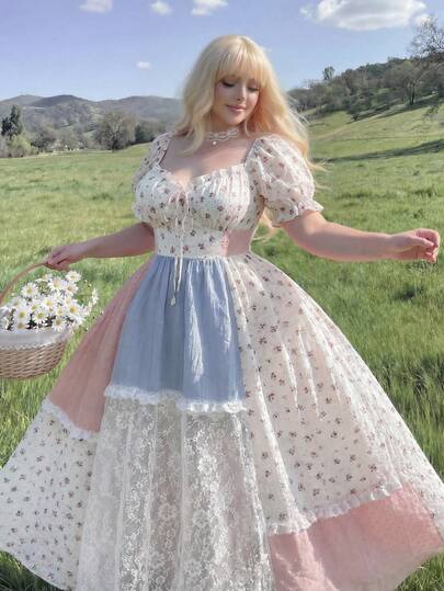 Lyrianda Vestido casual de talla grande con parches de encaje y estampado floral