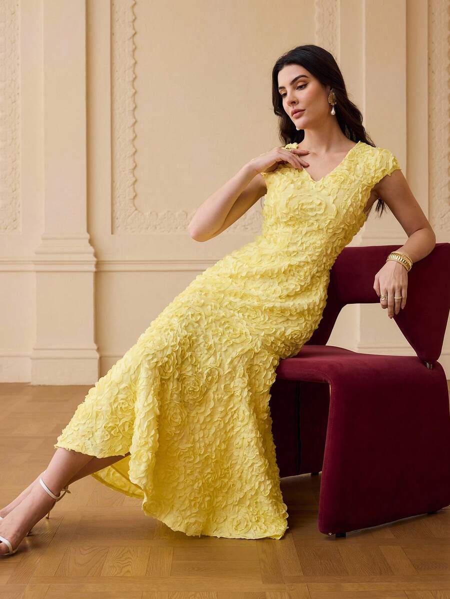 ZEYLAH V-Neck Floral Embroidered Fitted A-Line Dress, Spring/Summer Dinner Yellow Elegant Modest - Yellow - View 1