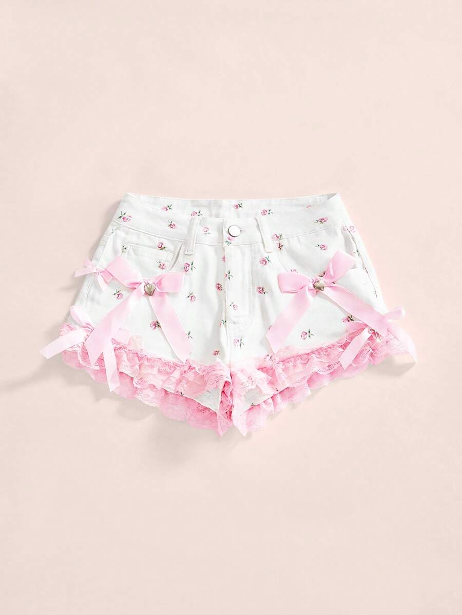 Sweetness Women's Sweet Ditsy Floral Bow Decor Contrast Lace Denim Shorts, Summer - White - View 1