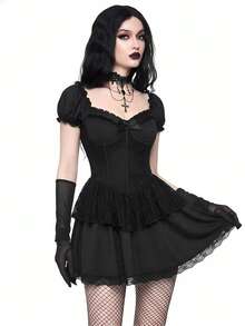 Sweetness Women's Dark Gothic Palace Petal Sleeve Lace Double Ruffle Hem Mini Dress - Black - View 1