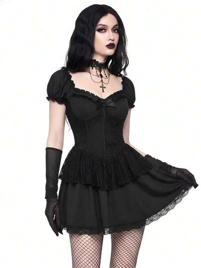 Sweetness Women's Dark Gothic Palace Petal Sleeve Lace Double Ruffle Hem Mini Dress