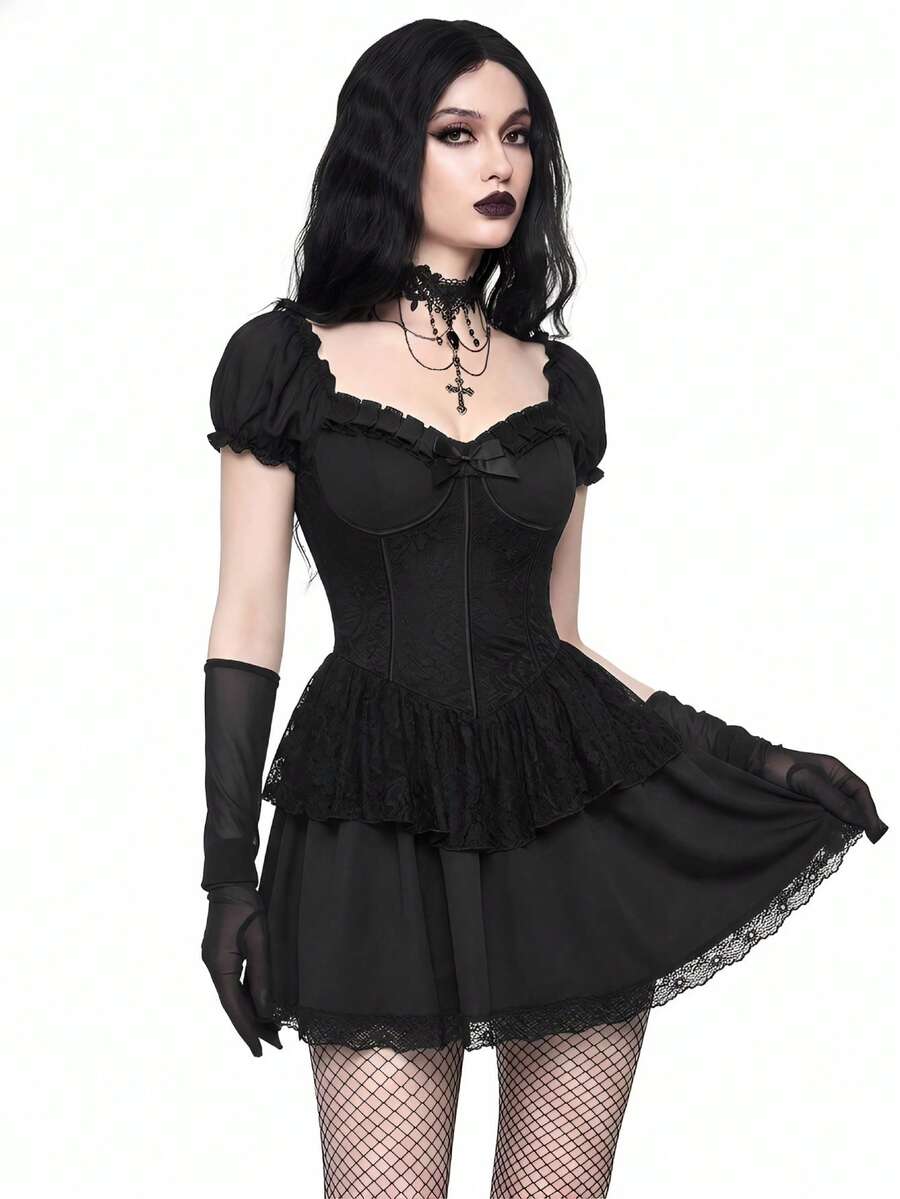 Sweetness Women's Dark Gothic Palace Petal Sleeve Lace Double Ruffle Hem Mini Dress - Black - View 1