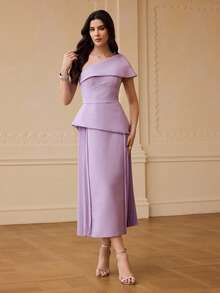 ZEYLAH Asymmetric Neck Waist Gathered Midi Dress, Spring/Summer - Purple - View 4