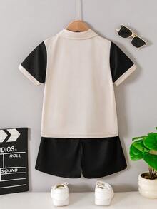 2pcs/Set Young Boy Casual Striped Letter Print Polo Shirt And Shorts Set, Suitable For Summer Daily Wear - Khaki - View 2
