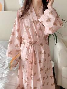 1-Piece Women's Spring/Autumn Korean Style Simple Comfort Bathrobe Pajamas Loose Casual Homewear Quick Absorbent Bathrobe Suitable For Hot Spring Couple Bathrobes - Pink bear - View 5