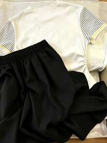 Resyla Women's Lemon Embroidery Striped Round Neck Short Sleeve T-Shirt And Pants Casual 2-Piece Set - Multicolor - View 2