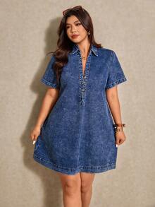 Elaquor Vestido casual de mujer talla grande de cuello en V, manga corta, holgado, de mezclilla, para vacaciones y uso diario - Azul lavado oscuro - Ver 6