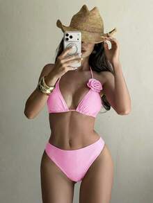 Swim SXY Swim Chic Sea Plain 比基尼套装，不对称荷叶边、3D 立体花卉装饰和网纱裙摆 - 粉色 - 查看 4