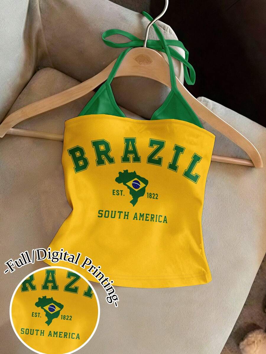 Resyla Camiseta de tirantes con cuello de halter y estampado de letras de Brasil, estilo casual Y2K - Multicolor - Ver 1