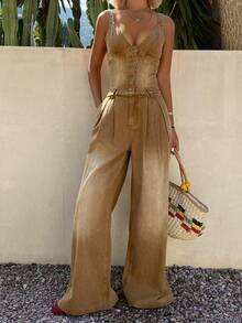 DAZY Women's Casual Sleeveless Top And Straight Leg Jeans Set, Spring/Summer - Khaki - View 6