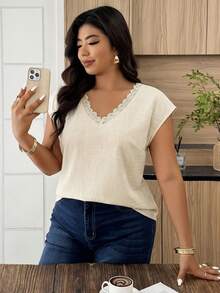 Weeklong Apricot Cotton Linen Lace Splice Collar Short Sleeve Shirt Comfortable Cotton Linen Pastoral Style Casual Vacation Spring Summer Plus Size Shirt - Light Yellow - View 3