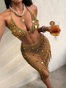 SHEIN Swim Vcay Bộ đồ 2 món mùa hè đi biển: Áo yếm đính sequin khoét lỗ và chân váy tua rua. - Màu Khaki - Xem 4