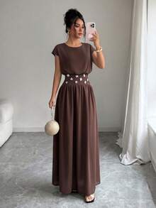 GlowEve Coffee-Color Chiffon Sleeveless Rhinestone Embellished Elegant Dress For Women - Coffee - View 3