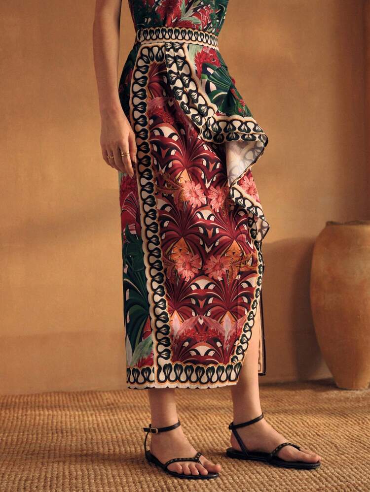 WOMEN'S TROPICAL PRINT SPLIT THIGH SKIRT