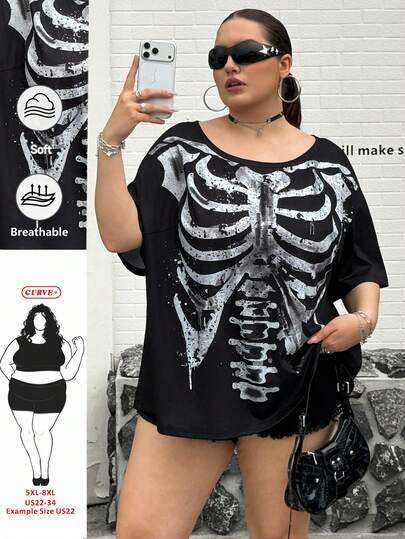 SHEIN CURVE+ Large Black Knitted Fabric Halloween Skull Print Casual Top, Regular Length Large Round Neck Half Off Shoulder Sleeves Gothic Women's Clothing Skull Shirt Gothic Top, Plus Size Women's Loose T-Shirt