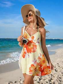 Swim Lushoire Áo khoác ngoài đồ bơi nữ, họa tiết hoa, cổ yếm, hở lưng, đồ bơi đi biển mùa nghỉ lễ - Nhiều màu - Xem 4