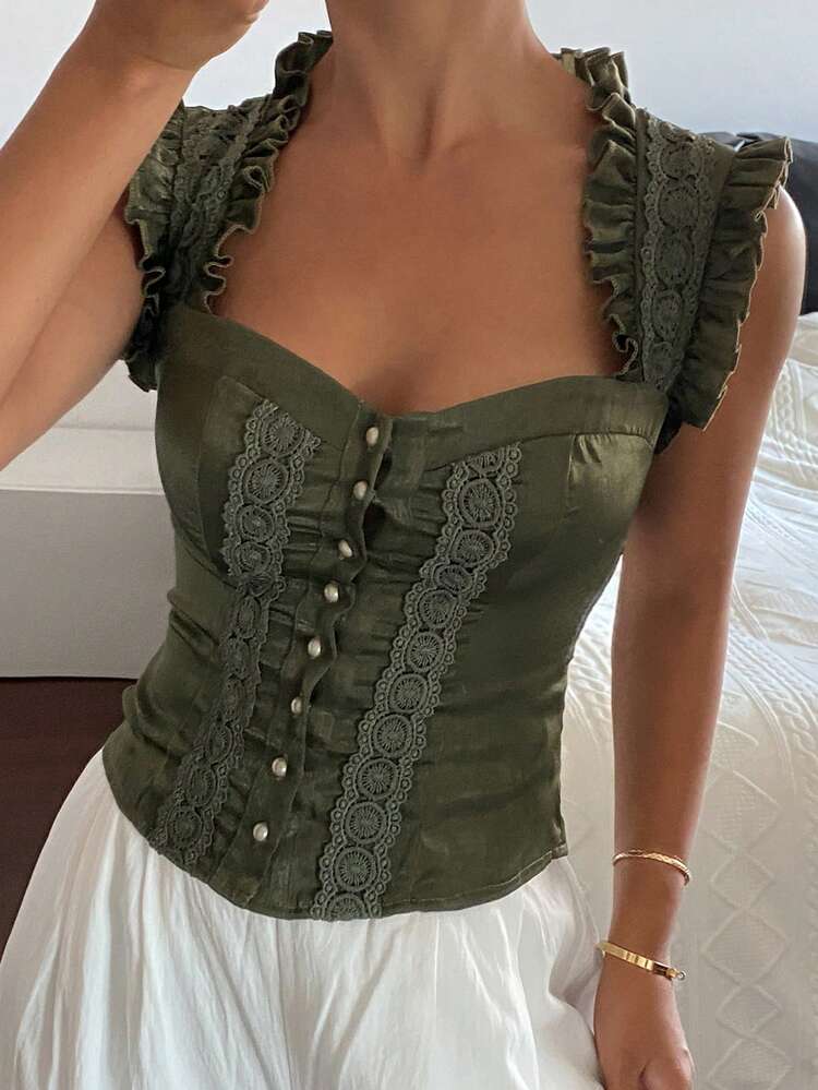 Contrast Lace Pleated Ruffle Trim Fitted Elegant Sexy Summer Blouse For Women