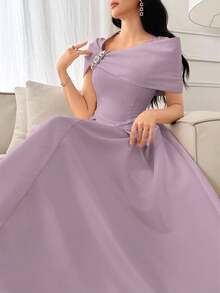 Modelyn Asymmetrical Neck Rhinestone Decor Pleated Elegant Dress For Women - Mauve Purple - View 5