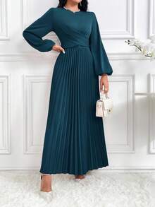 Modelyn Women's Elegant Cross Wrap Tie Back Lantern Sleeve Pleated Hem Modest Long Sleeve Arabian Dress, Solid Color Long Evening Dresses - Teal Blue - View 5