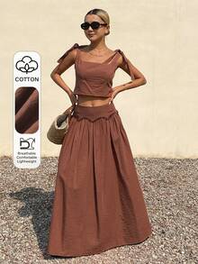 DAZY Women's Solid Color Cropped Tie-Front Camisole & Ruffle Hem Long Skirt Elegant Summer 2-Piece Set Boho Short Sets For Women Vacation Outfits Women - Brown - View 1
