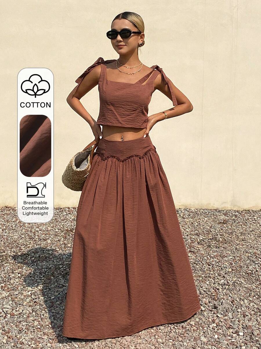 DAZY Women's Solid Color Cropped Tie-Front Camisole & Ruffle Hem Long Skirt Elegant Summer 2-Piece Set Boho Short Sets For Women Vacation Outfits Women - Brown - View 1