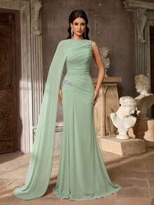 Aureia Sage Green,Summer,Elegant,Formal,Formal,Wedding Mesh Round Neck One Shoulder Cape Sleeve Rhinestone Decor Side Drape Fishtail Bridesmaid Evening Gowns - Mint Green - View 7