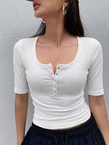 Dazy Star Women's Casual Daily Commute Minimalist Solid Color Half-Button T-Shirt, Summer - White - View 3