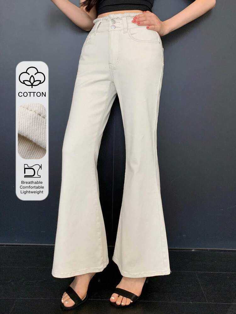 Casual Style Plain Color Frayed Waist Flare Women Jeans