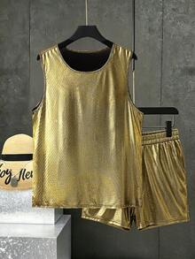 Manfinity Dauomo 男士休闲时尚圆领无袖上衣和短裤套装 - 金色 - 查看 3