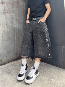 Manfinity EMRG Men's Summer Casual Fashion Street Rhinestone Frayed Hem Loose Bermuda Denim Shorts - Black - View 3