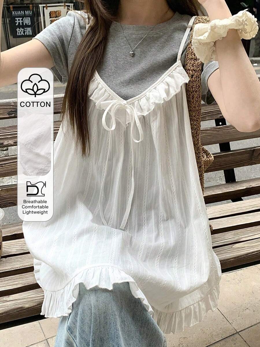 FRIFUL Atasan Wanita Kasual Warna Polos dengan Tali Ruffle, Musim Panas - Putih - View 1
