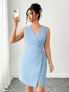 SHEIN Elenzya Plus Size Solid Color Minimalist Sleeveless Dress, Casual Everyday Wear - Blue - View 5
