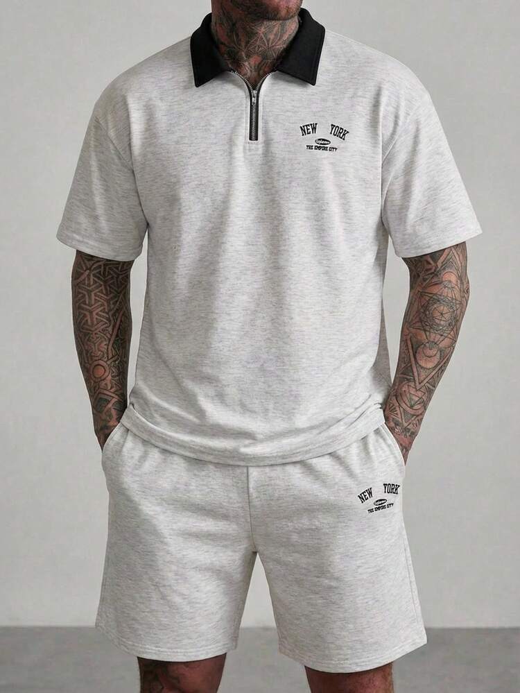 Men's Letter Embroidery Contrast Color Collar Light Grey Shirt Set, Summer