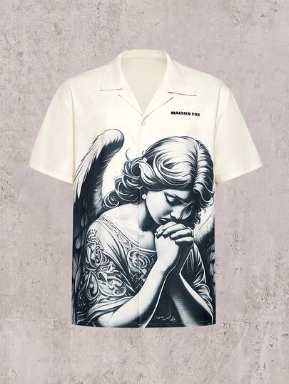 Skyrend Men's Summer Casual Beach Vacation Button-Up Shirt, Vintage Street Style Angel Print Loose Shirt