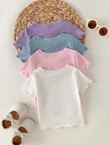 Cozy Pixies 4pcs Baby Girl Solid Color Soft Knit Round Neck Short Sleeve T-Shirt Set - Multicolor - View 3