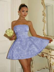 Glamine Charm Elegant Light Blue Floral Summer Party Dress, 3D Embossed Pattern Strapless Sleeveless Dress Women,Cocktail Wedding Guest Reception Outfit - Blue - View 4