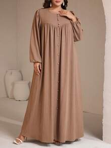 Veilorie Women Plus Size Elegant Solid Color Pleated Loose Buttoned Decorated Dress Fall - Coffee Brown - View 6