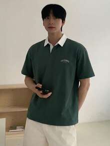 DAZY Men's Letter Print Contrast Color Polo Shirt, Summer - Green - View 3