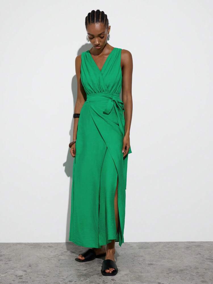 SHEIN Maija MAIJA 휴가 랩 브이넥 벨트 플로럴 민소매 맥시 드레스