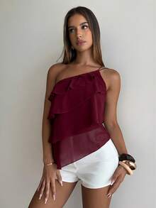 Aloruh Áo kiểu voan hồng lệch vai hở lưng xếp tầng bồng bềnh, thích hợp cho mùa Xuân/Hè, thanh lịch, lãng mạn, hẹn hò đêm Valentine, mùa cưới, trang phục dự tiệc cưới, áo sơ mi hồng thanh lịch lãng mạn. - Màu Đỏ Sâu - Xem 5