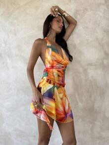 Aloruh 女士优雅深V领系带波点印花沙滩度假迷你连衣裙 - 彩色 - 查看 8