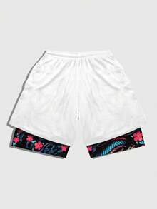 ROMWE MEN Anime Men's Summer Beach Vacation Dragon & Floral Print Drawstring Waist Shorts - Multicolor - View 2