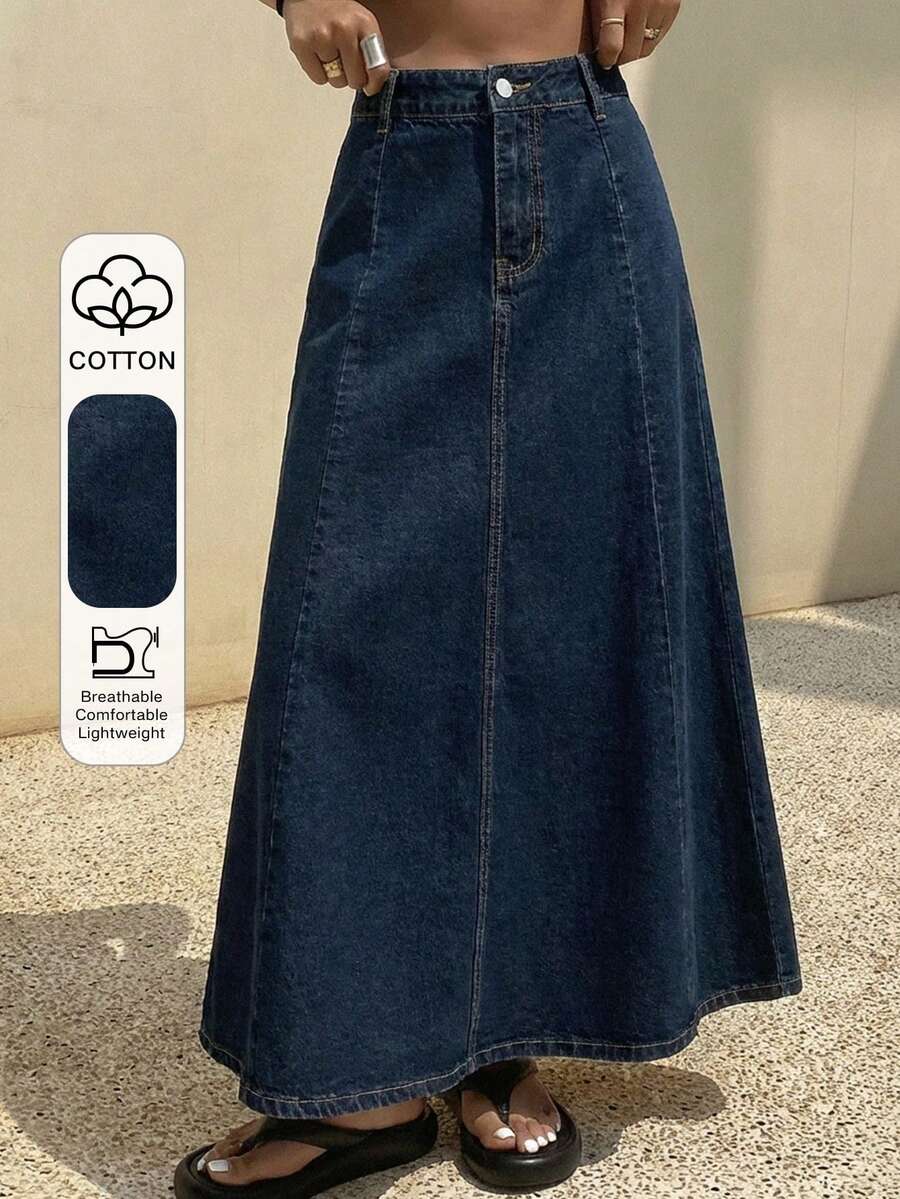 DAZY Plain A-Line Denim Skirt For Women - Dark Wash - View 1