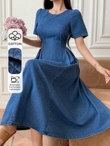 DAZY Women's Casual Washed Denim Round Neck Petal Sleeve Denim Dress, Summer - Medium Wash - View 1