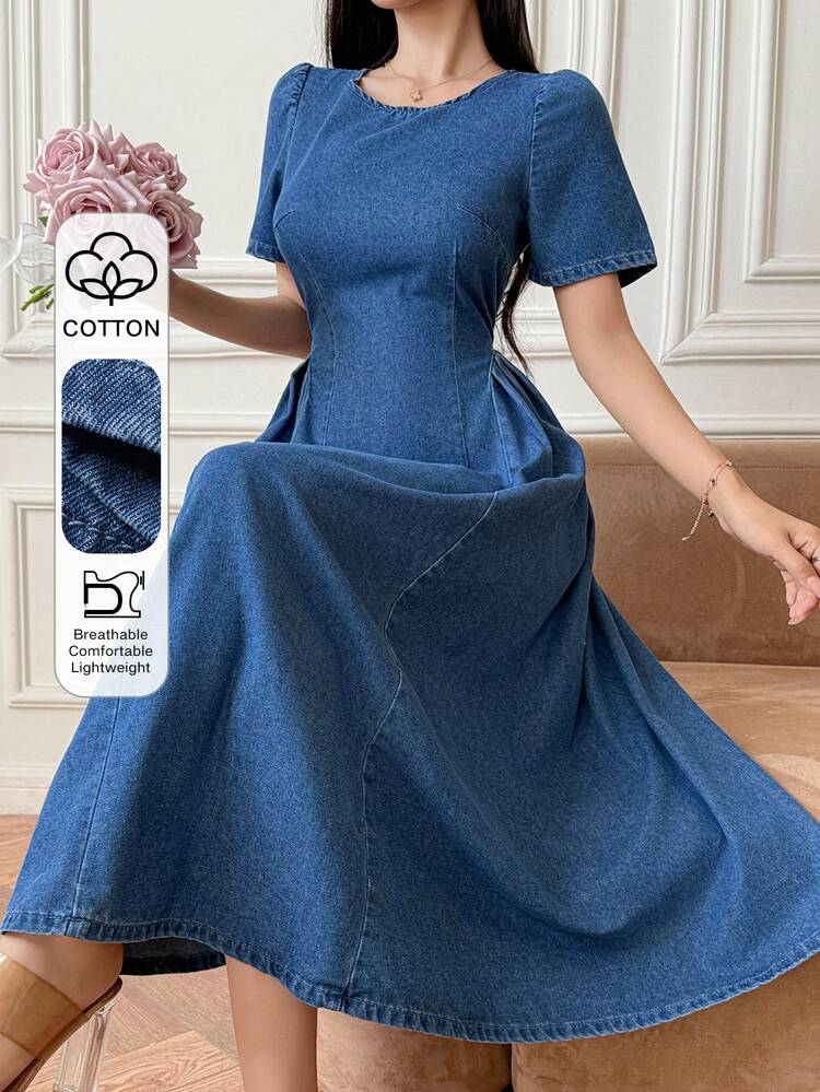 Women's Casual Washed Denim Round Neck Petal Sleeve Denim Dress, Summer