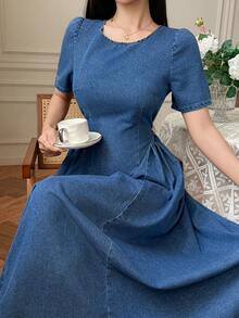 DAZY Women's Casual Washed Denim Round Neck Petal Sleeve Denim Dress, Summer - Medium Wash - View 5